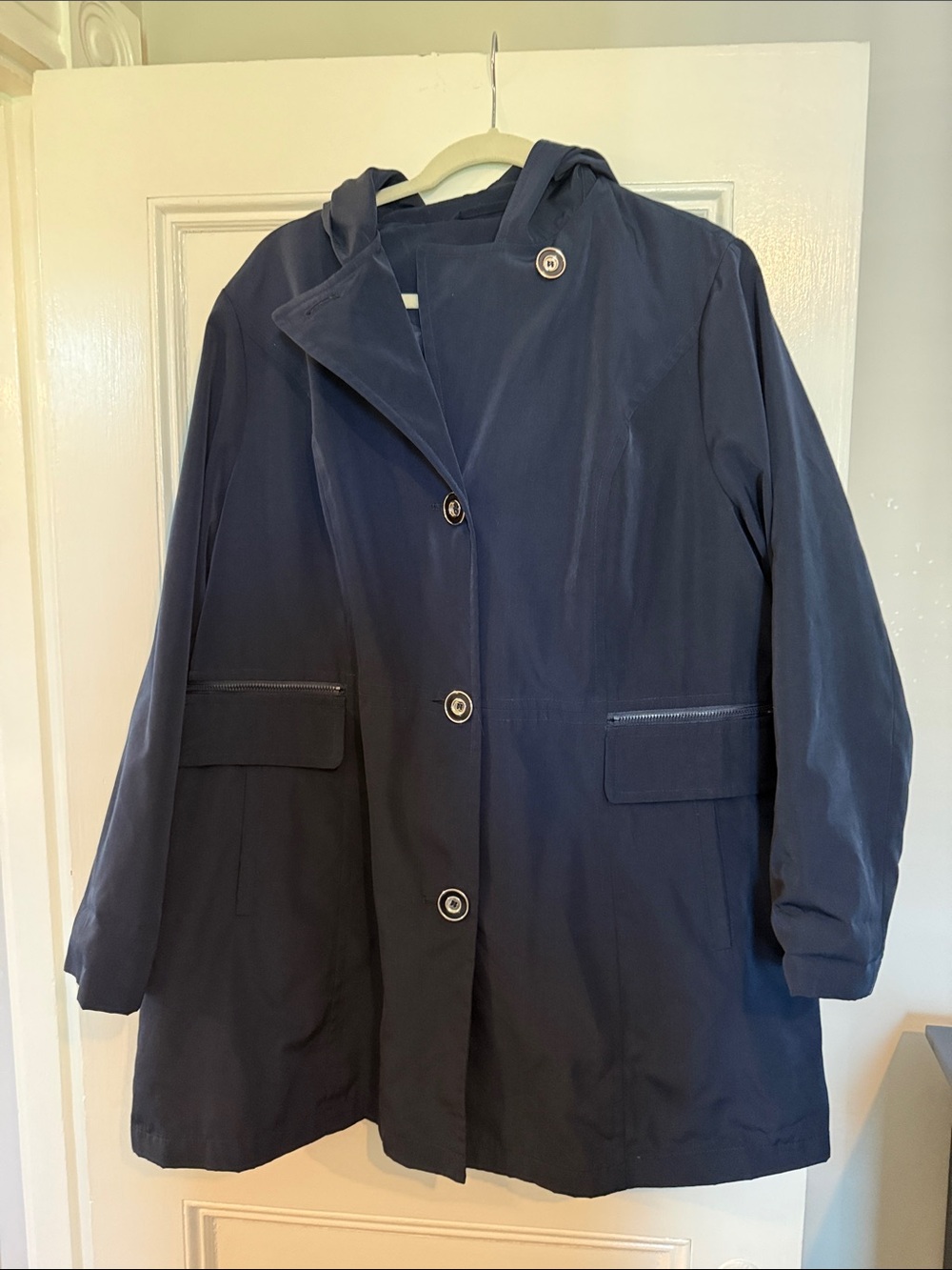 Esprit Vintage 1x Women's Navy Hooded Trench Coat raincoat silver buttons